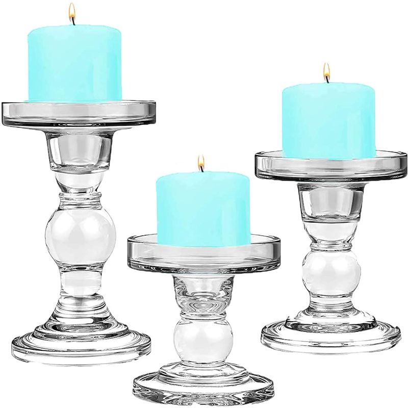 Set of 3 clear glass candlesticks church pillar taper dinner candle holders 