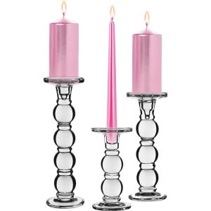 3 pcs Bubble Stem Glass Taper & Pillar Candlesticks 7.5