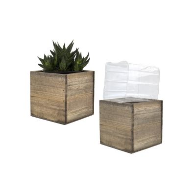 Wood Cube Planter Box H-5" With Plastic Liner, Multiple Packing
