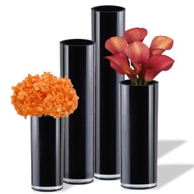 Black Glass Cylinder Vases D-4" with Multiple Heights, Centerpieces Floor Wedding Decorative Table