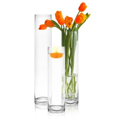 Glass Cylinder Vase H-20", 16", 14", D-4"  Centerpieces  Hurricane Candle  Holder Pillar Floating Wedding Decorative Table Tall  Clear  Flower Set