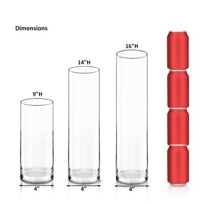 Glass Cylinder Vase H-16", 14", 9", D-4"  Centerpieces  Hurricane Candle  Holder Pillar Floating Wedding Decorative Table Tall  Clear  Flower Set