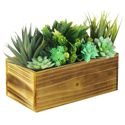 Natural Light Brown Wood Rectangle Planter Box With Plastic Liner (H:4" Open:10"x5")