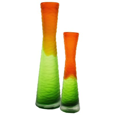 15" Carved Orange and Green Color Glass Vase
