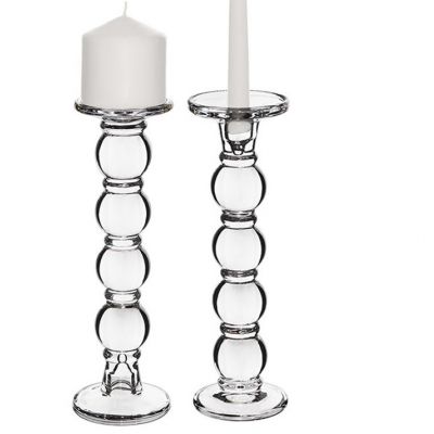 11.25" Bubble Stem Glass Taper & Pillar Candlestick Set