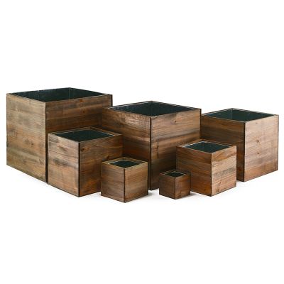 Wood Planter Cube Rustic Box  8", 10" & 12" with Zinc Metal Liner, Multiple Sizes