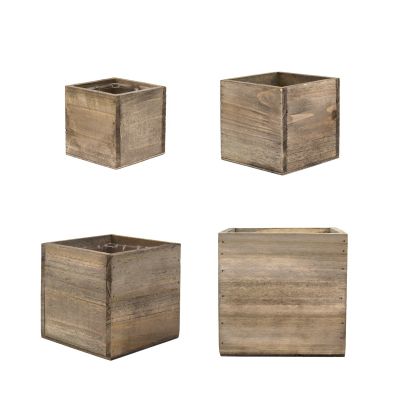 4" Garden Wood Cube Box Planter with Zinc Metal Liner Vase