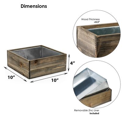 Natural Brown Wood Square Planter Box With Metal Zinc Liner - Multiple Sizes