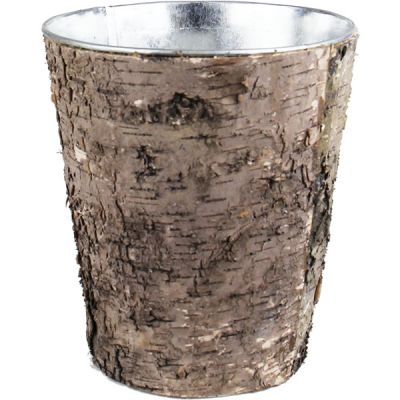 8"  Taper Down Planter Birch Wood Wrap Zinc Metal Vase