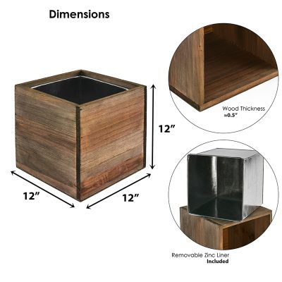 8" Garden Wood Cube Box Planter with Zinc Metal Liner Vase